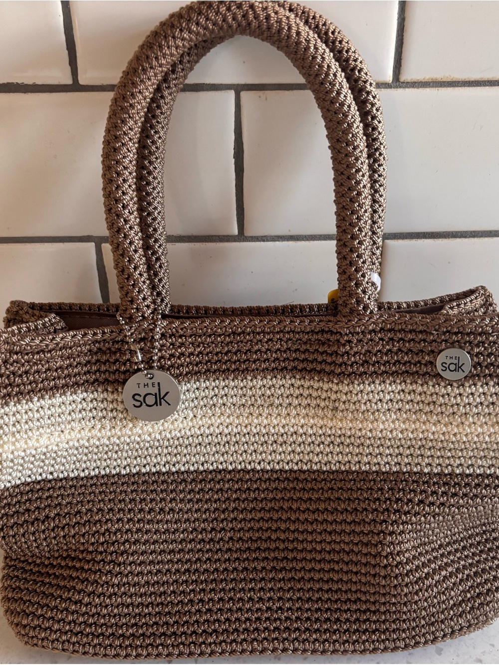 The Sak Brown & Cream Striped Crochet Tote Bag